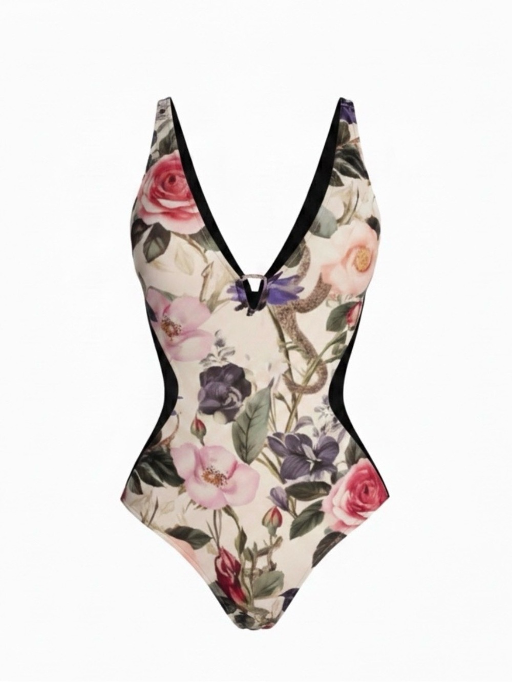 Floral V-Neck One-Piece Swimsuit in Cream and Pink